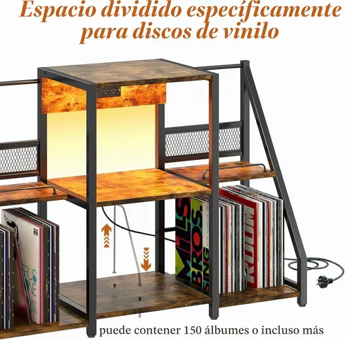 Vista 6 de HavenlyYouth Soporte para tocadiscos, mesa de tocadiscos con tomas de corriente y luz LED, capacidad para hasta 300 álbumes, soporte
