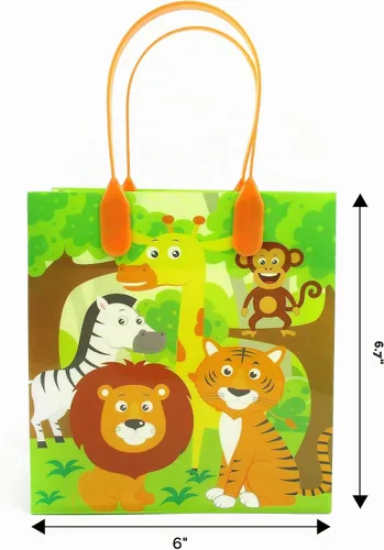 Vista 6 de TINYMILLS Bolsas de regalo con temática de animales de la selva de safari con asas, bolsas de dulces de libro de selva para fiestas de cumpleaños