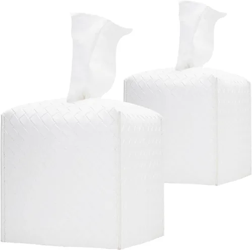 Vista 15 de HOMOTEK Paquete de 2 fundas para caja de pañuelos, soporte cuadrado de piel sintética, organizador de papel decorativo para baño, mesitas de noche