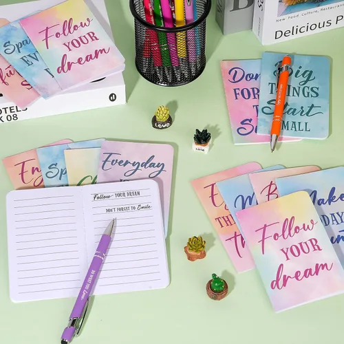 Vista 5 de 48 piezas de juego de bolígrafos de motivación en masa con acuarela, cuadernos de notas de bolsillo con citas motivacionales, bolígrafos de bola