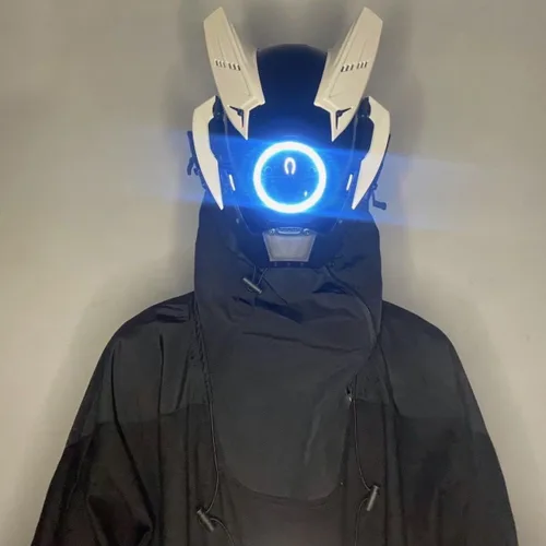 Vista 3 de Cyberpunk - Máscara para cosplay, casco futurista de guerrero Mecha con luz LED, máscara de cara completa negra de ciencia ficción, perfecto