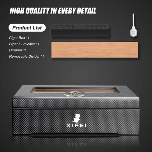 Vista 7 de XIFEI Humidor de puros, textura de fibra de carbono superior de vidrio con higrómetro digital, incluyendo humidificador de puros, divisor, caja