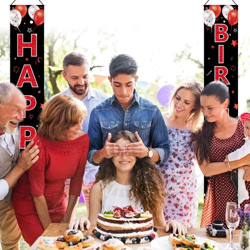 Vista 5 de Cartel de cumpleaños rojo y negro para puerta de cumpleaños para hombres y mujeres, letrero de feliz cumpleaños rojo y negro, suministros de fiesta