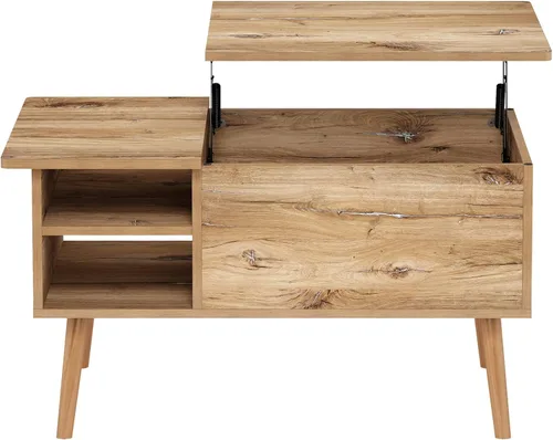 Vista 6 de Furinno Jensen Mesa de centro de madera para sala de estar, con compartimento oculto y estante de almacenamiento lateral abierto, roble Flagstaff