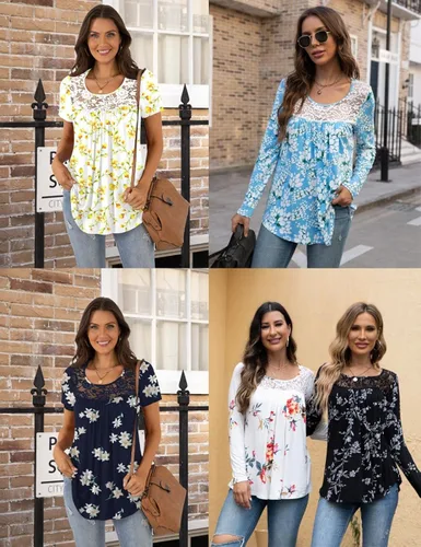 Vista 5 de BISHUIGE Blusa de manga corta para mujer, estilo casual, holgada, con panel de encaje, plisada