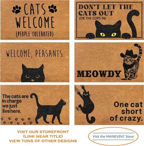 Vista 4 de Felpudo de bienvenida con diseño de campesinos y gatos de 30 x 17 pulgadas, divertido tapete de puerta de gato negro para áreas cubiertas, divertido