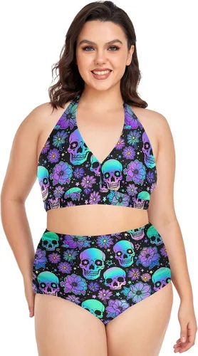 Vista 11 de Bikini de 2 piezas para mujer, talla grande, cintura alta, cuello halter, fruncido, control de abdomen Murciélagos Cruces Estrellas