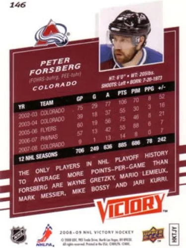 Vista 2 de 2008-09 Upper Deck Victory Hockey #146 Peter Forsberg Colorado Avalanche Official NHL Trading Card (Stock Photo Shown, Near Mint or Better Condition)