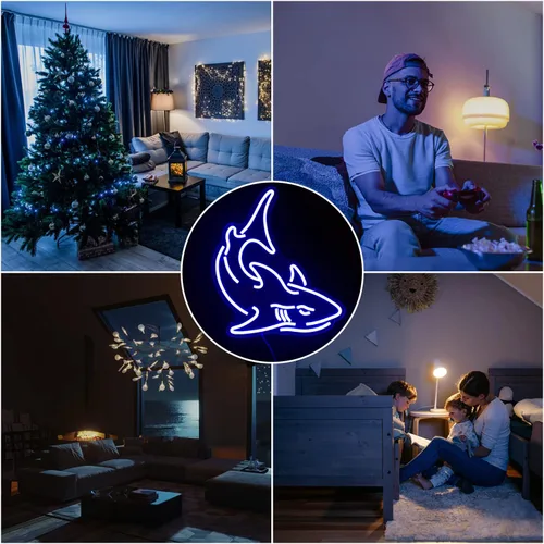 Vista 7 de Letrero de neón de tiburón, luces de neón azules para decoración de pared, letrero de neón LED de tiburón, letreros de neón regulables
