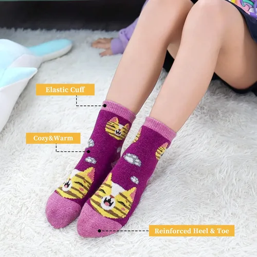 Vista 2 de FNOVCO Calcetines de lana para niños pequeños, cálidos, de lana gruesa, para senderismo, térmicos, acogedores, para niños y niñas, paquete de 6