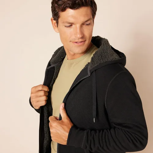 Vista 3 de Tienda Essentials Sudadera de vellón con capucha, con forro de sherpa y cierre completo de cremallera para hombre