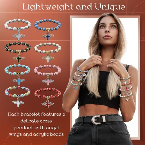 Vista 5 de Huquary 48 pulseras de rosario de cruz de ala de ángel acrílicas, pulseras de cuentas de cruz de ala de ángel para mujeres y hombres, Navidad