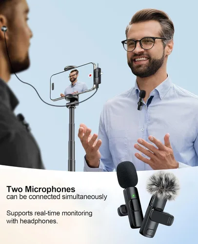 Vista 7 de MENERESAS Mini micrófono 3 en 1 para iPhone: Micrófonos Lavalier inalámbricos para iOS/Android/Cámara - Micrófono de solapa con reducción de ruido