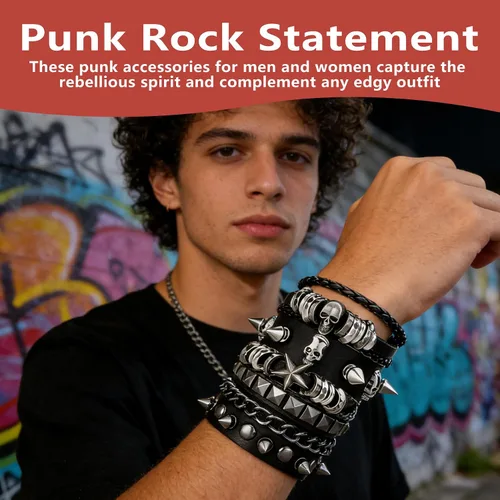 Vista 4 de Juego de 4 pulseras góticas para hombres y mujeres, pulseras de cuero con tachuelas punk rock, traje rockero de los años 80 para hombres y mujeres