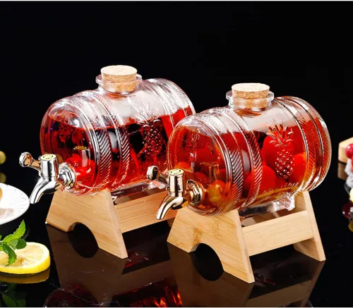 Vista 4 de Dispensador de bebidas de barril de vidrio de 1 litro con espita y soporte Dispensador de bebidas frías Dispensador de barril de vino (plata)