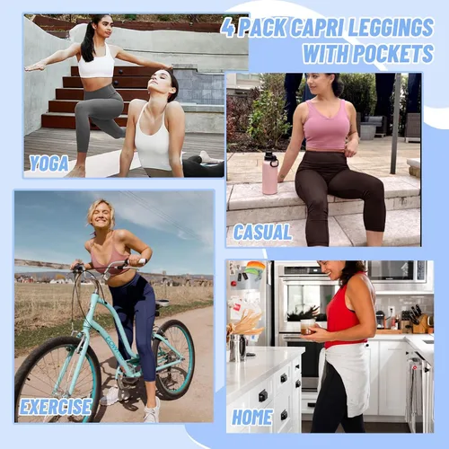 Vista 4 de NexiEpoch Paquete de 4 leggings para mujer con bolsillos, cintura alta, control de abdomen para entrenamiento, correr, pantalones capri de yoga
