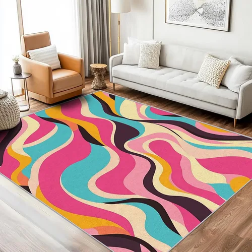 Vista 2 de Alfombra abstracta colorida de 2 x 3 pulgadas, lavable con rayas onduladas para entrada, dormitorio, cocina, alfombra retro de los años 70