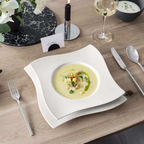 Vista 3 de Villeroy & Boch NewWave - Plato de sopa con borde de 10.25 pulgadas, porcelana premium, fabricado en Alemania, rico, blanco cremoso