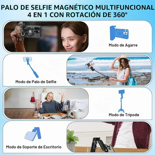 Vista 2 de Palo selfie magnético multifuncional 4 en 1 con rotación de 360°, trípode magnético universal para teléfono con control remoto desmontable, trípode