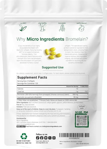 Vista 2 de Bromelina 500 mg con quercetina y aceite MCT, 240 cápsulas blandas con recubrimiento entérico Suplemento de bromelina de ultra absorción Enzimas