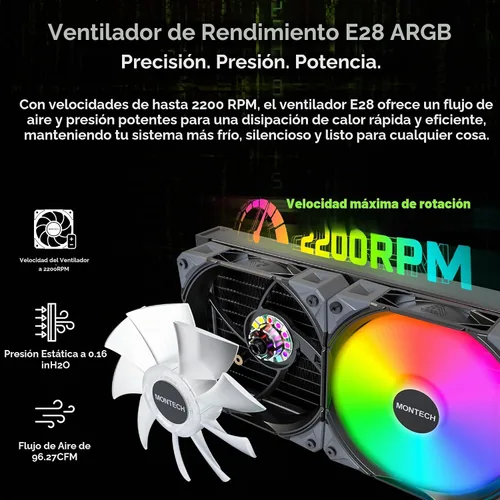 Vista 3 de MONTECH HyperFlow Digital 240 - Enfriador líquido de CPU, AIO de 9.449 in con bomba de 3100 RPM, 2 ventiladores E28 ARGB de 4.724 in, pantalla