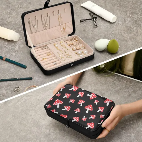 Vista 6 de Joyero con estampado de hongos para mujeres y niñas, organizador de viaje de joyería de piel sintética, estuche de joyería pequeño portátil, soporte