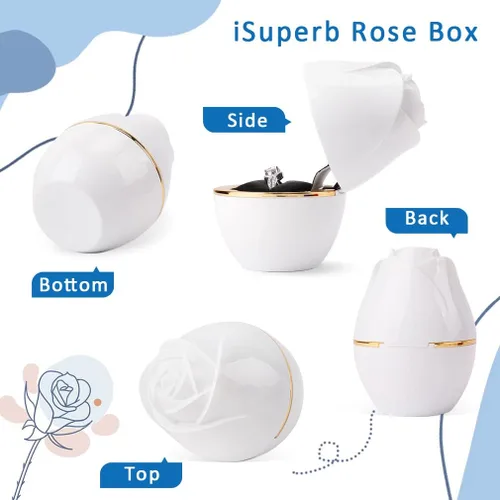 Vista 5 de iSuperb Caja de anillo en forma de rosa con LED para propuesta, compromiso, boda, aniversario, San Valentín, regalo de cumpleaños (blanco)