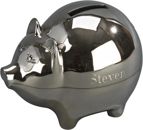 Vista 5 de Creative Gifts International Hucha pequeña de peltre de cerdo Alcancía de plata para niños o recién nacidos Acabado de níquel cepillado 3 x