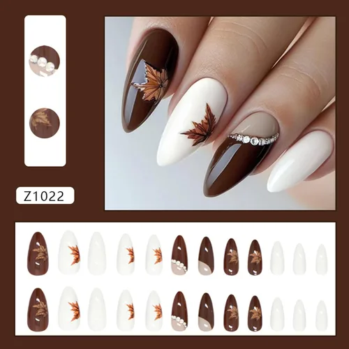 Vista 2 de 24 uñas postizas a presión de hoja de arce, uñas de almendra de longitud media, uñas postizas retro con hojas de otoño con diseño de Acción de Uñas