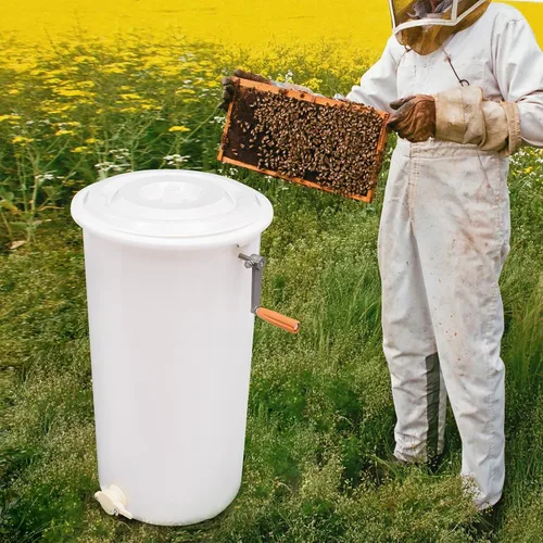 Vista 2 de Separador manual de 2 marcos, extractor de miel de plástico, manivela giratoria de panal de abeja a mano con soportes de altura ajustable