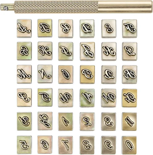 Vista 10 de Yoption Juego de 37 herramientas de estampado de cuero, 26 letras del alfabeto y 10 sellos de números, herramienta perforadora de acero de 0.354 in