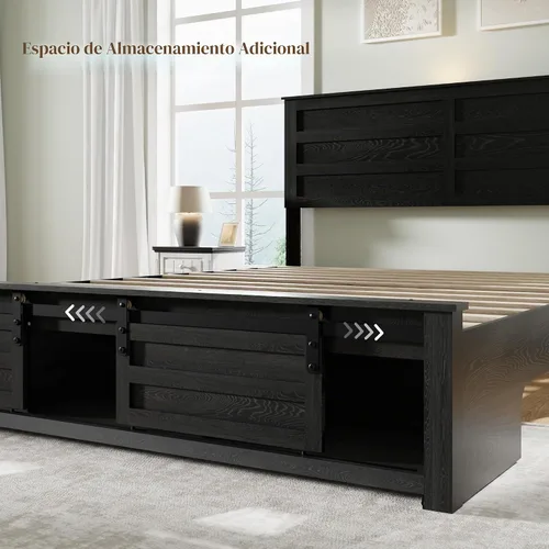 Vista 6 de Base de cama tamaño matrimonial con cabecero de madera, estructura de cama de plataforma de madera con estribo de puerta corrediza de granero