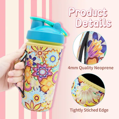 Vista 3 de Paquete de 2 fundas aislantes de neopreno reutilizables para botellas de agua con asa compatibles con botella licuadora de 28 onzas, vaso de 20