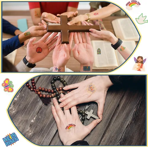 Vista 5 de Landhoow 240 tatuajes religiosos cristianos temporales para niños, tatuajes faciales con brillantina, calcomanías para el cuerpo, accesorio