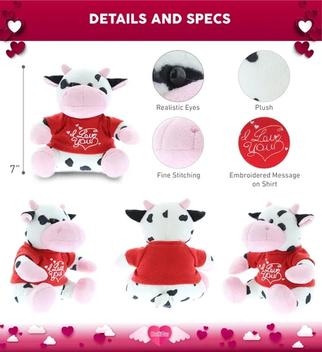 Vista 2 de DolliBu Vaca de peluche con texto en inglés "I Love You", bonito animal de peluche con camisa roja y nombre, regalo personalizado para el día de San