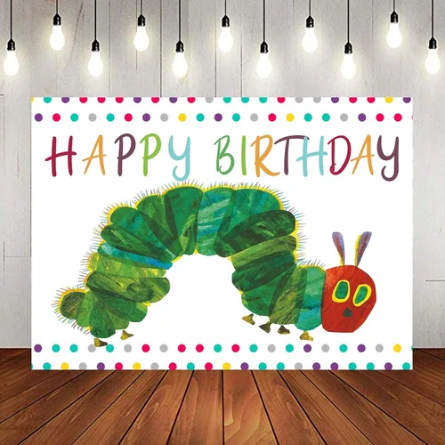 Vista 9 de Fondo de fotografía de feliz cumpleaños, fiesta temática de oruga de 5 x 3 pies, diseño de insectos de color arco iris, dibujos animados para niños