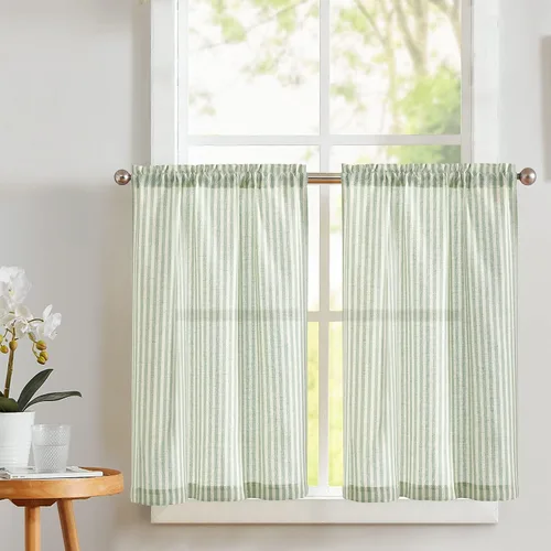 Vista 22 de Cortinas de cocina estilo granja a rayas Vangao de 24 pulgadas de largo, cortinas de lino para café, cortinas de nivel con rayas, cortinas Boxter