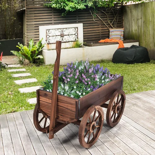 Vista 8 de LDAILY Moccha - Carro de madera con 4 ruedas para maceta de flores y flores, para el hogar, jardín, interior y exterior