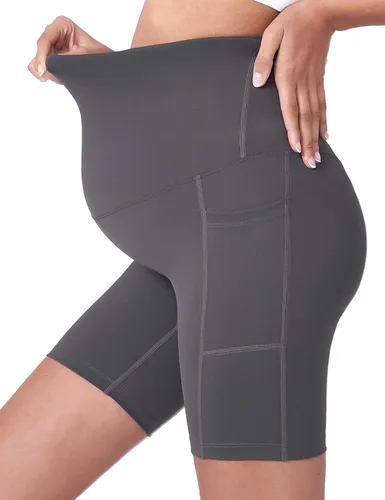 Vista 3 de POSHDIVAH - Pantalones cortos de yoga para embarazadas, cubren la barriga, pantalones deportivos cortos para correr, hacer ejercicio y el verano
