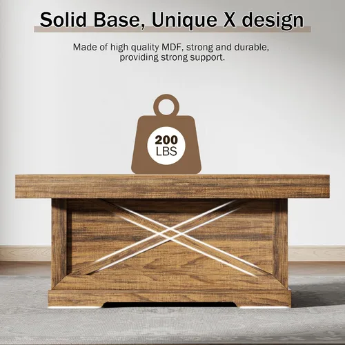Vista 4 de Mesa de café Lareth 39 pulg. Mesa de centro rústica con pedestal de madera en X para sala de estar, ahorro de espacio, mesa de té de diseño