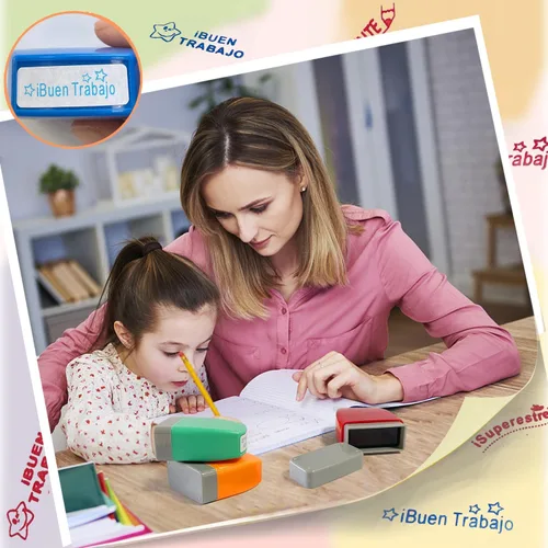 Vista 7 de 8 sellos españoles, sellos para profesores para aula, sello de calificación para profesores, sello colorido con bandeja de almacenamiento, sello