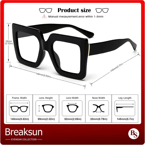 Vista 6 de Gafas de luz azul extragrandes para mujer, moda, gafas de computadora de lente cuadrada gruesa, sin receta, gafas negras, A1 negro