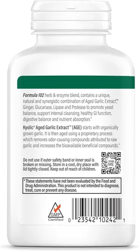 Vista 4 de Kyolic, Aged Garlic Extract, Formula de limpieza de candida y digestión, Fórmula 102, 200 cápsulas vegetarianas, 10242, 1, 1