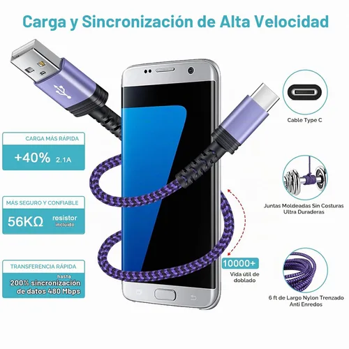 Vista 8 de Cable USB a USB C de 6 pies/Paquete de 3 para iPhone 17 16 15/15 Pro/15 Pro Max/15 Plus, cable de carga rápido USB A a USB tipo C para Samsung