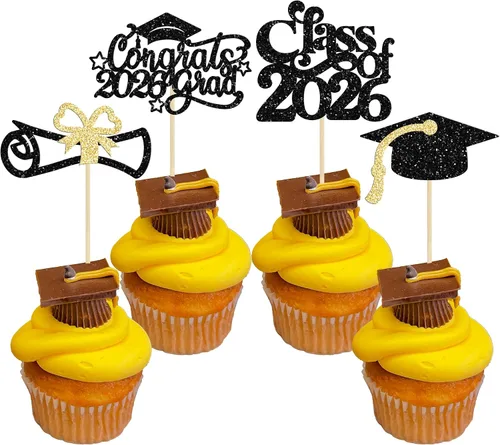 Vista 43 de Gyufise 24 piezas de decoración para cupcakes con purpurina para graduación 2026, decoración de pasteles para graduación 2026, decoración de Negro