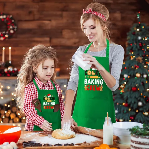 Vista 5 de Suhine Paquete de 4 Delantales de Navidad para Adultos Verde Delantales de Cocina de Navidad para Cocinar Hornear Galletas Equipo Delantales a Juego