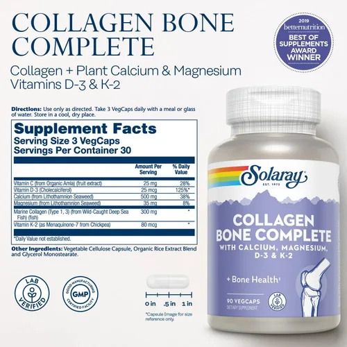 Vista 3 de Solaray Collagen Bone Complete - Cápsulas de colágeno marino con calcio, magnesio y vitamina D3 para mujeres y hombres, fuerza ósea y apoyo a