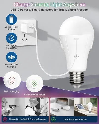 Vista 6 de CordlessGlow - Bombillas recargables con control remoto, 5 RGB + 3 CCT regulables, funciona con pilas, para lámparas cableadas y sin cableado