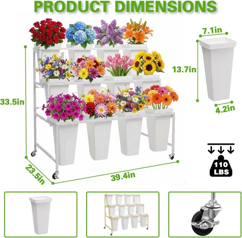 Vista 2 de Soporte de exhibición de flores de metal de 3 niveles, carrito móvil resistente para plantas de flores con 12 cubos y ruedas con cerradura, estante
