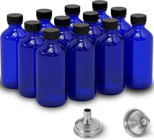 Vista 17 de Paquete de 6 botellas de vidrio ámbar de 2 onzas para extracto de vainilla, tarros redondos de vidrio marrón Boston a prueba de fugas con tapas
